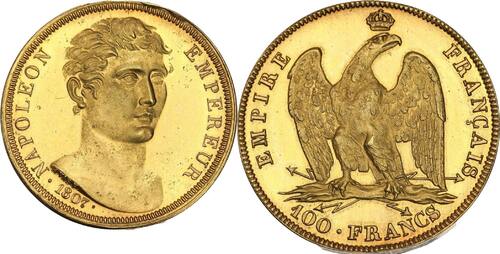 France 100 francs 1807 Premier Empire Essai de  Or bronze doré Vassallo PCGS SP62 rare
