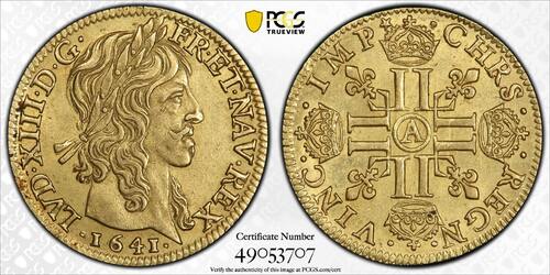France Louis d'or 1641 Louis XIII  de Warin Paris à la mèche longue PCGS AU58 SUP à SPL