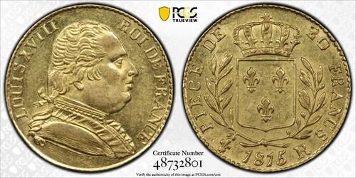 France 20 Francs 1815 Louis XVIII  or Londres PCGS AU58 Superbe rare Qualité