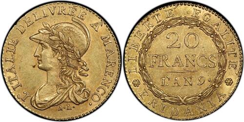 20 Francs Italy Gaule Subalpine  or Marengo AN9 Turin Superbe PCGS AU58