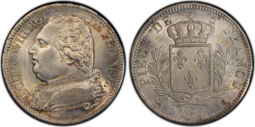 France 5 Francs 1814 Louis XVIII  Rouen PCGS MS63 Splendide à FDC rare