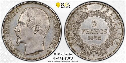 France 5 Francs 1852 Louis-Napoléon  Paris Magnifique exemplaire Splendide PCGS MS62