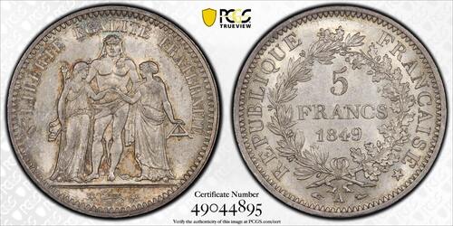 France 5 Francs 1849 Hercule Paris Splendide PCGS MS63