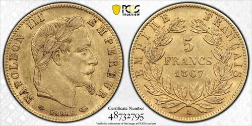 France 5 Francs 1867 Napoléon III  or Paris PCGS AU58 rare tirage Superbe
