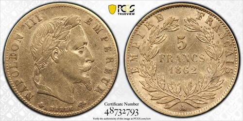 France 5 Francs 1862 Napoléon III  or Paris PCGS AU53 rare tirage Superbe