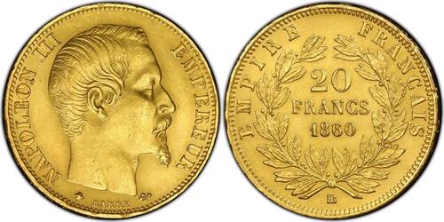 France 20 Francs 1860 Napoléon III  or Strasbourg PCGS MS63 Splendide rare Qualité