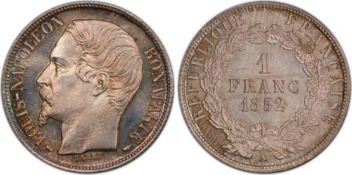 France 1 Franc 1852 Louis-Napoléon  Paris PCGS MS67 Fleur de coin +++ flan bruni