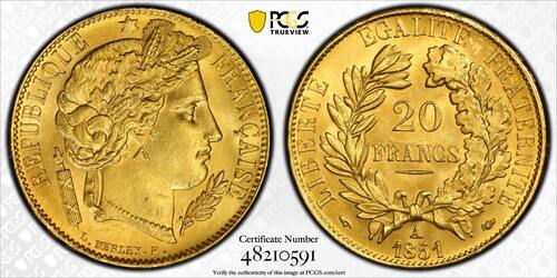 France 20 Francs 1851 or Cérès Paris Splendide à FDC PCGS MS64