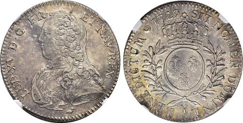 France Demi-écu 1729 Louis XV  aux branches d'olivier Bourges NGC MS64 Fleur de coin