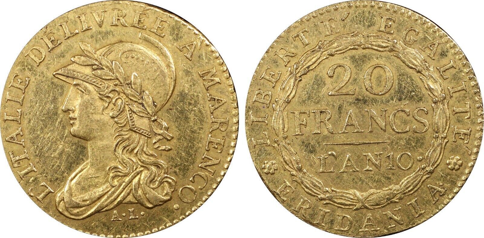 20 Francs Italy Gaule Subalpine Or Marengo AN10 Turin Superbe PCGS AU58 20-francs-italy-gaule-subalpine-or-marengo-an10-turin-superbe-pcgs-au58