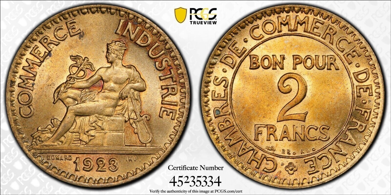 France 2 Francs 1923 Chambres De Commerce Pcgs Ms65 Fleur De Coin Ma