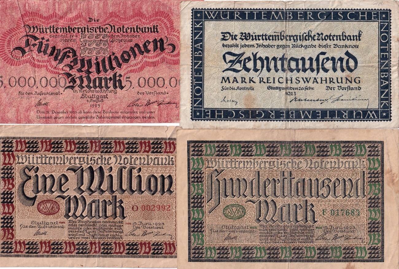 Banknoten 10.000 Mark Lot 4x WÜRTTEMBERG Inflation 1923 WTB13 WTB16