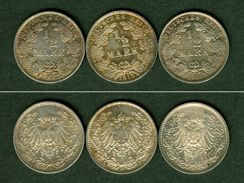 Lot DEUTSCHES REICH 3x Silber 1/2 Mark vzst [19131917]