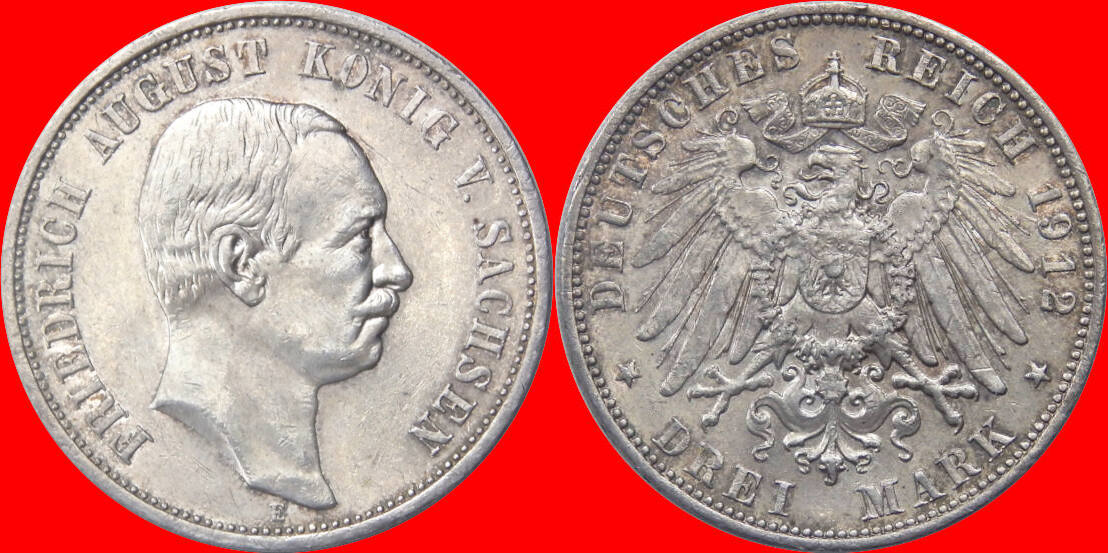 Kaiserreich Sachsen 3 Mark 1912 E (51/Al23) Friedrich August III., J