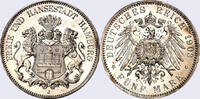 Kaiserreich Hamburg 5 Mark 1903 J (5/06Ku) Stadtwappen, J. 65 Polierte Platte, Luxus, zarte Goldtönung