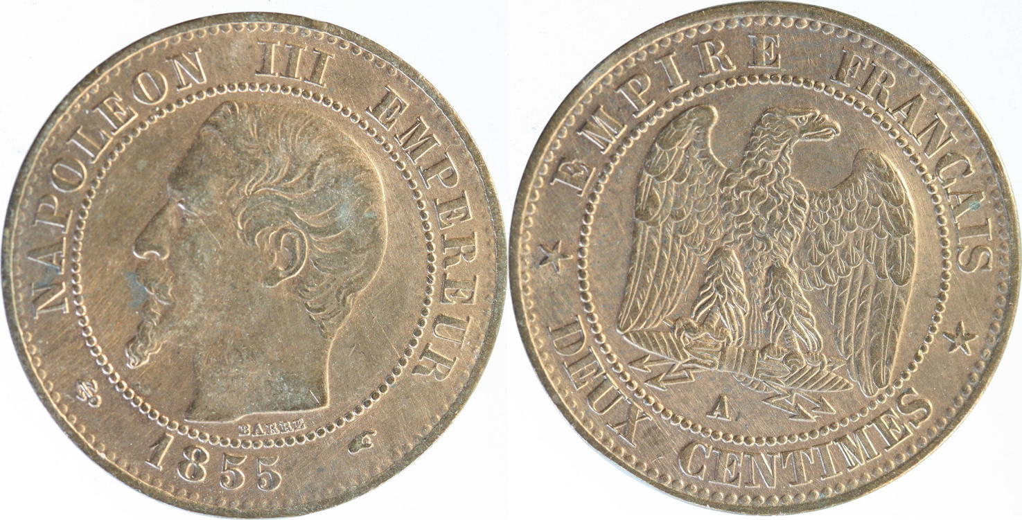Monnaie France 2 Centimes Napoléon III 1855 MA – Variété Chien – TTB+ – Bronze