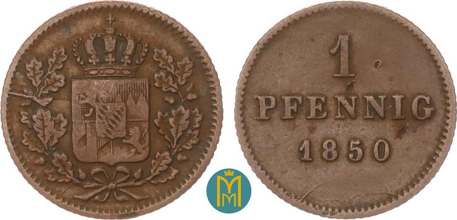 Bayern 1 Pfennig 1850 Maximilian II. Joseph 1848-1864. sehr schön, kl ...