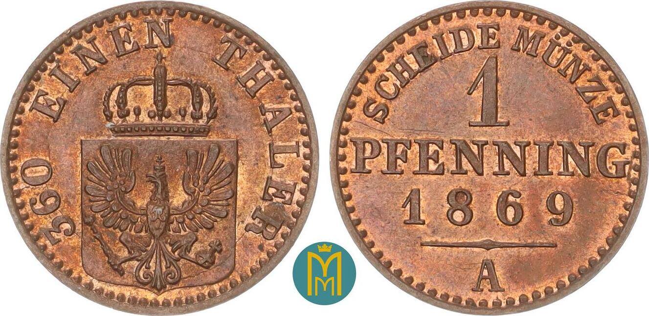 BrandenburgPreußen. 1 Pfennig 1869 A Wilhelm I. 18611888. vorzüglich