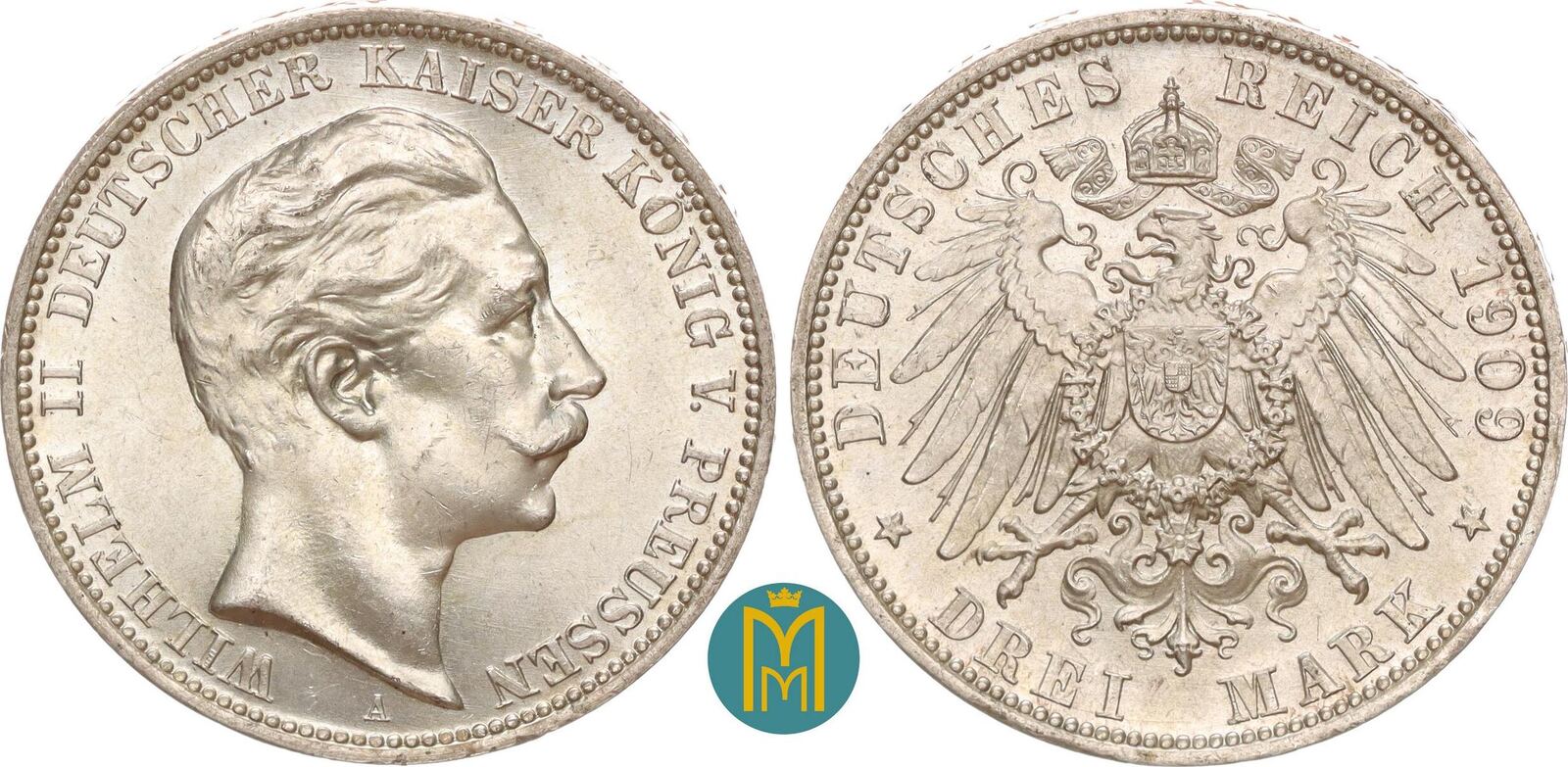 Silbermünze Preussen 3 Mark 1909A Kaiser Wilhelm II