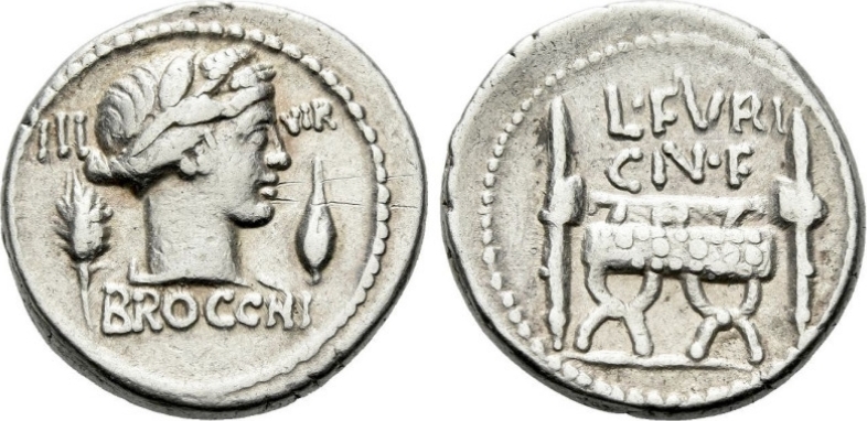 L. FURIUS CN. F. BROCCHUS, 63 BC. AR Denarius. Rome mint. | MA-Shops