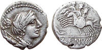 AR Denarius of A. Albinus Sp.f. 96 BC., Bust of Diana / three horsemen galloping -