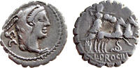 AR Denarius of L. Procilius 80 BC., Roman Republic, Juno Sospita -