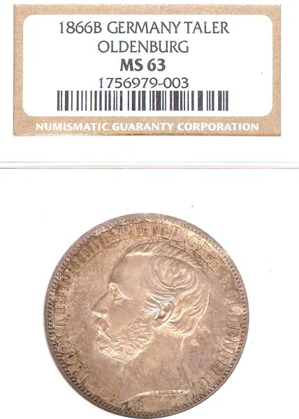 GERMANY TALER 1866 B Nicolaus Friedrich Peter (1853-1900). NGC MS 63 ...