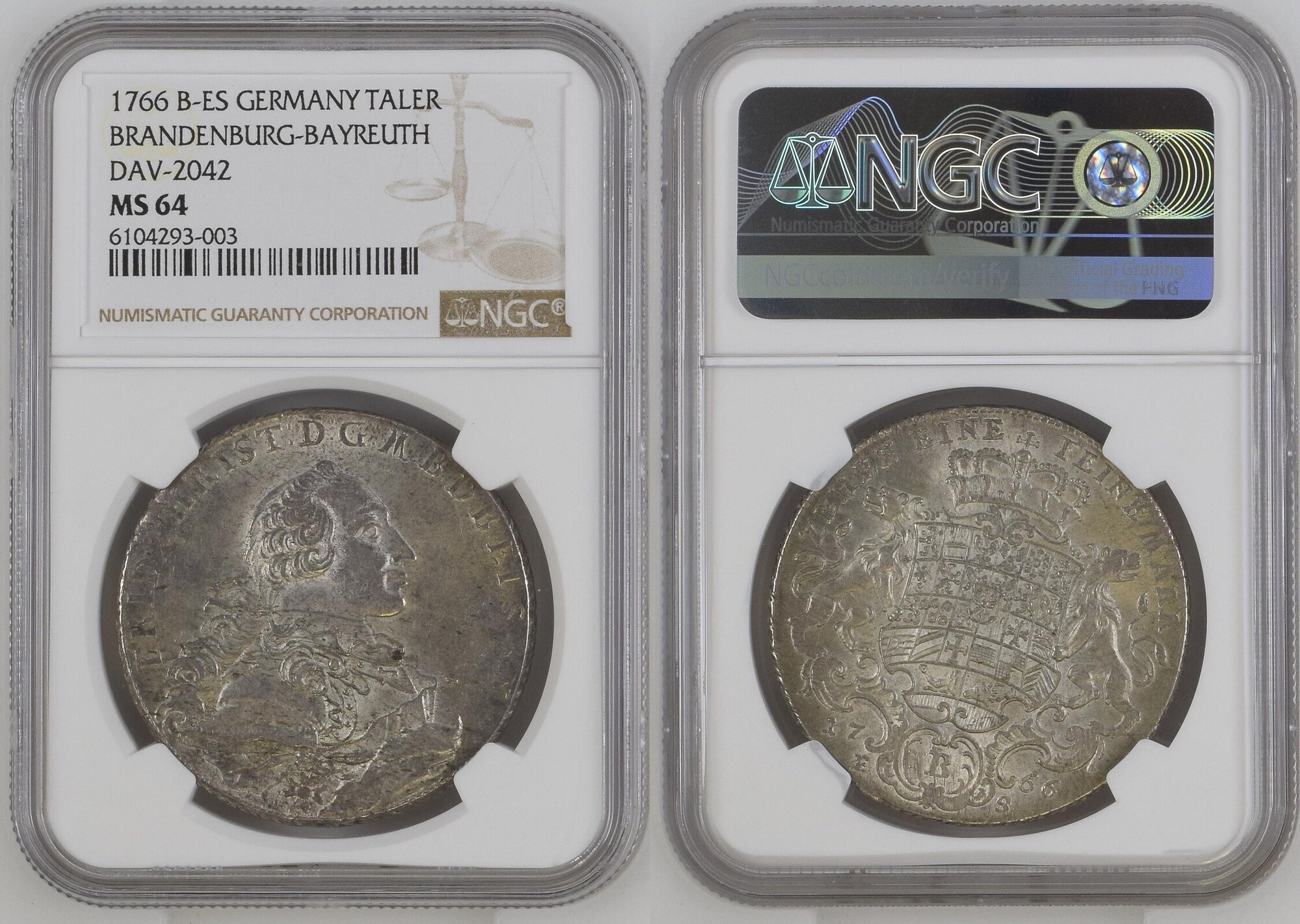 GERMANY TALER 1766 B-ES Friedrich Christian (1763-1769). NGC MS 64 | MA ...