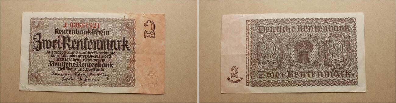 Deutsches Reich, Rentenbank 2 Rentenmark 30. Januar 1937 Serie J, 8 ...