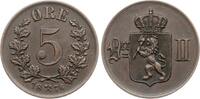 Norwegen 5 Øre 1876 Oskar II., unzirkuliertes Prachtexemplar stgl