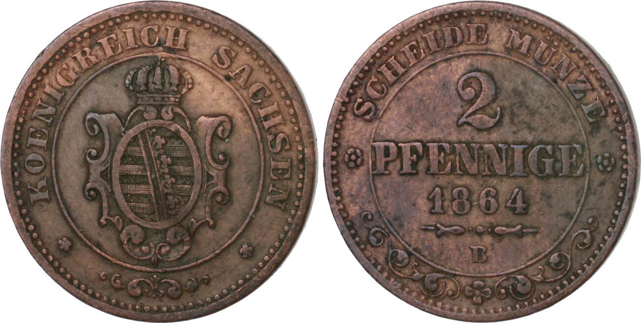 Sachsen-Albertinische Linie 2 Pfennig 1864 B Johann 1854-1873 Ss+ | MA ...