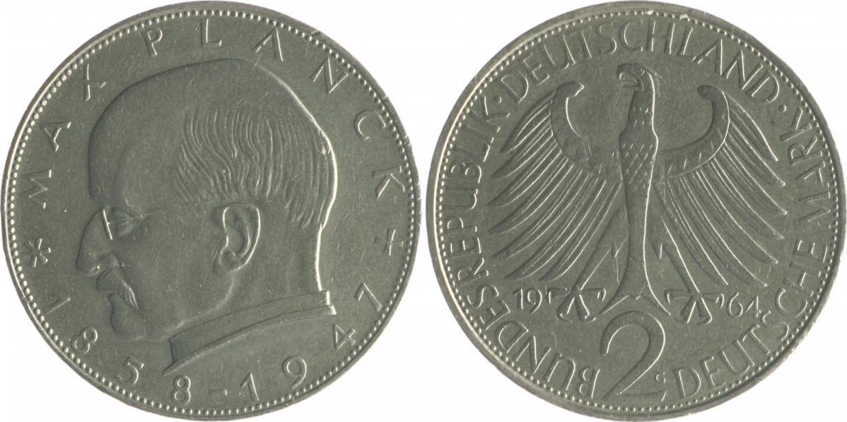 Bundesrepublik Deutschland BRD 2 Deutsche Mark (DM) 1964 G Max Planck ss Bundesrepublik Deutschland BRD 2 Deutsche Mark (DM) 1964 G Max Planck ss