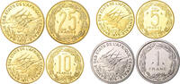 Äquatorialafrika Lot von 4 Stücken: 25 Francs Essai 1975, 10 und 1 Francs Essai 1974, 5 Francs Essai 1973 -