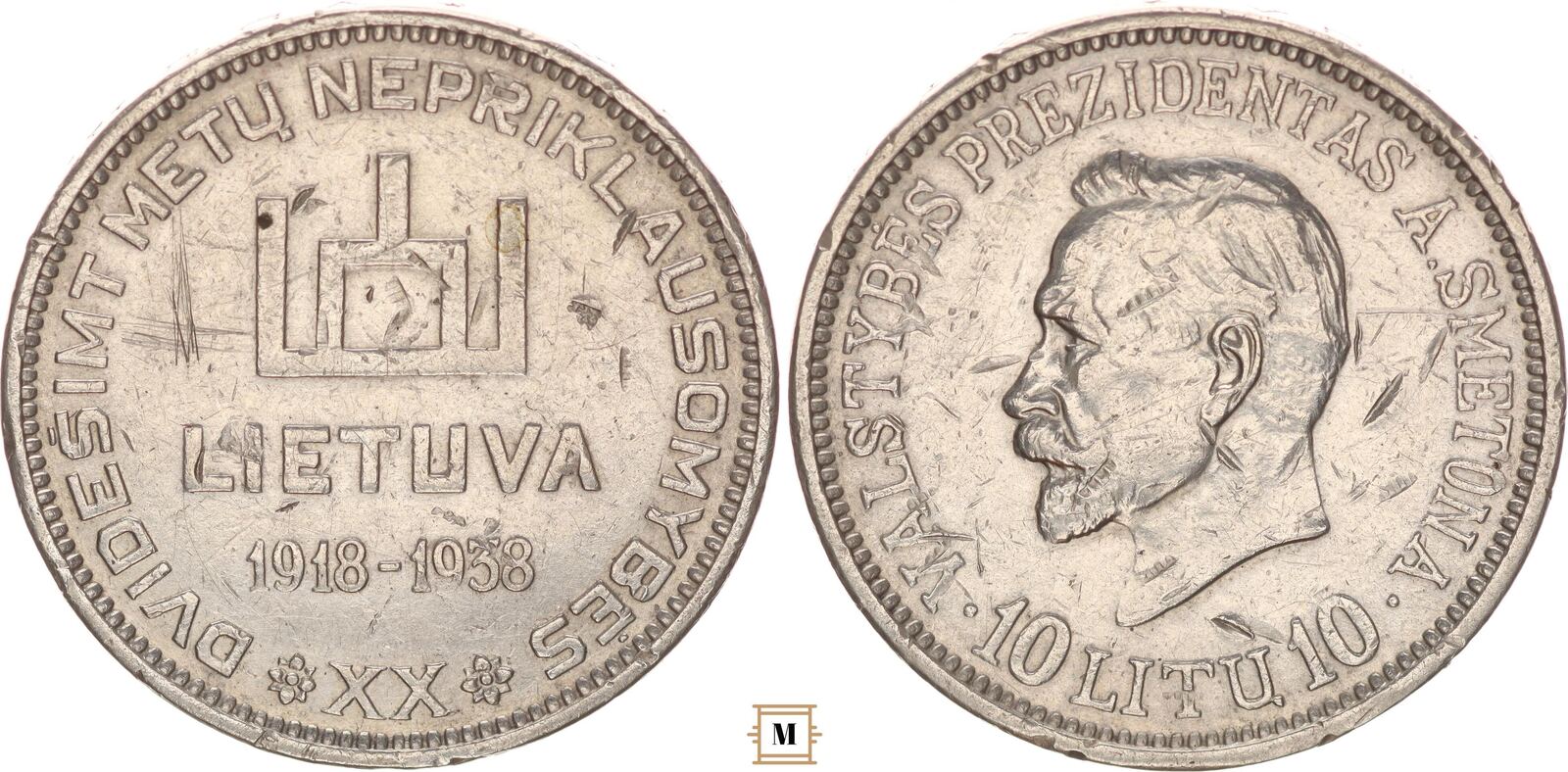 Lithuania 10 litu 19181938 President Smetona damages