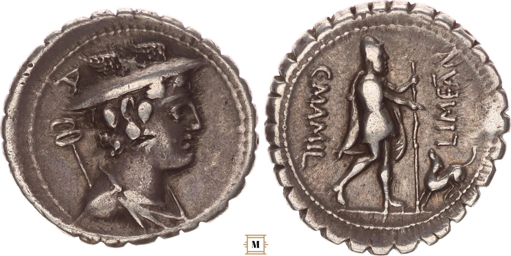 Roman Republic AR denarius 82 BC C. Manilius Limetanus, Bust of Mercury