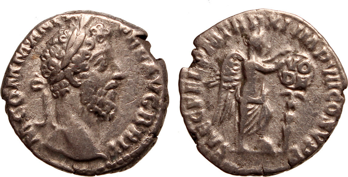 Roman Empire AR denarius 177-192 Commodus, Victory setting shield on ...