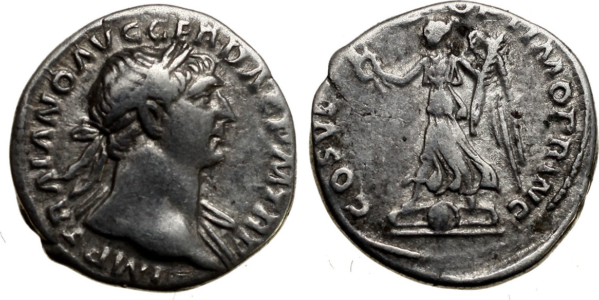 Roman Empire denar 98-117 Trajan, Rome, COS V P P S P Q R OPTIMO PRINC ...