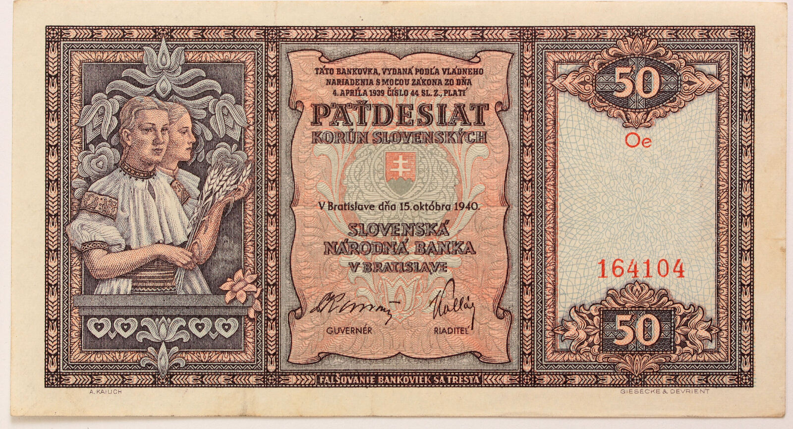Slovakia 50 Korun 1940 XF MA Shops