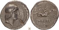 Roman Republic AR denarius L. Calpurnius Piso Frugi, Head of Apollo / Horseman -