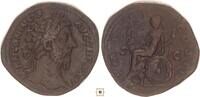 AE sestertius 161-180 Roman Empire Marcus Aurelius, IMP VI COS III, Roma seated, Shield set on ground to right 
