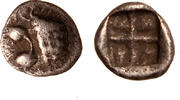 Greek uncertain tetartemorion Asia minor, Head of Lion / Incuse square with pellets, R! -
