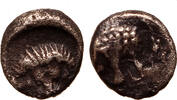 Greek hemiobol Caria, Mylasa, Forepart of Lion / Lion's scalp facing -