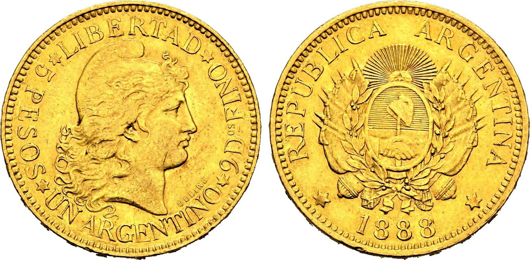 ARGENTINIEN Republik, seit 1816 Argentino zu 5 Pesos 1888 Gold. Fast