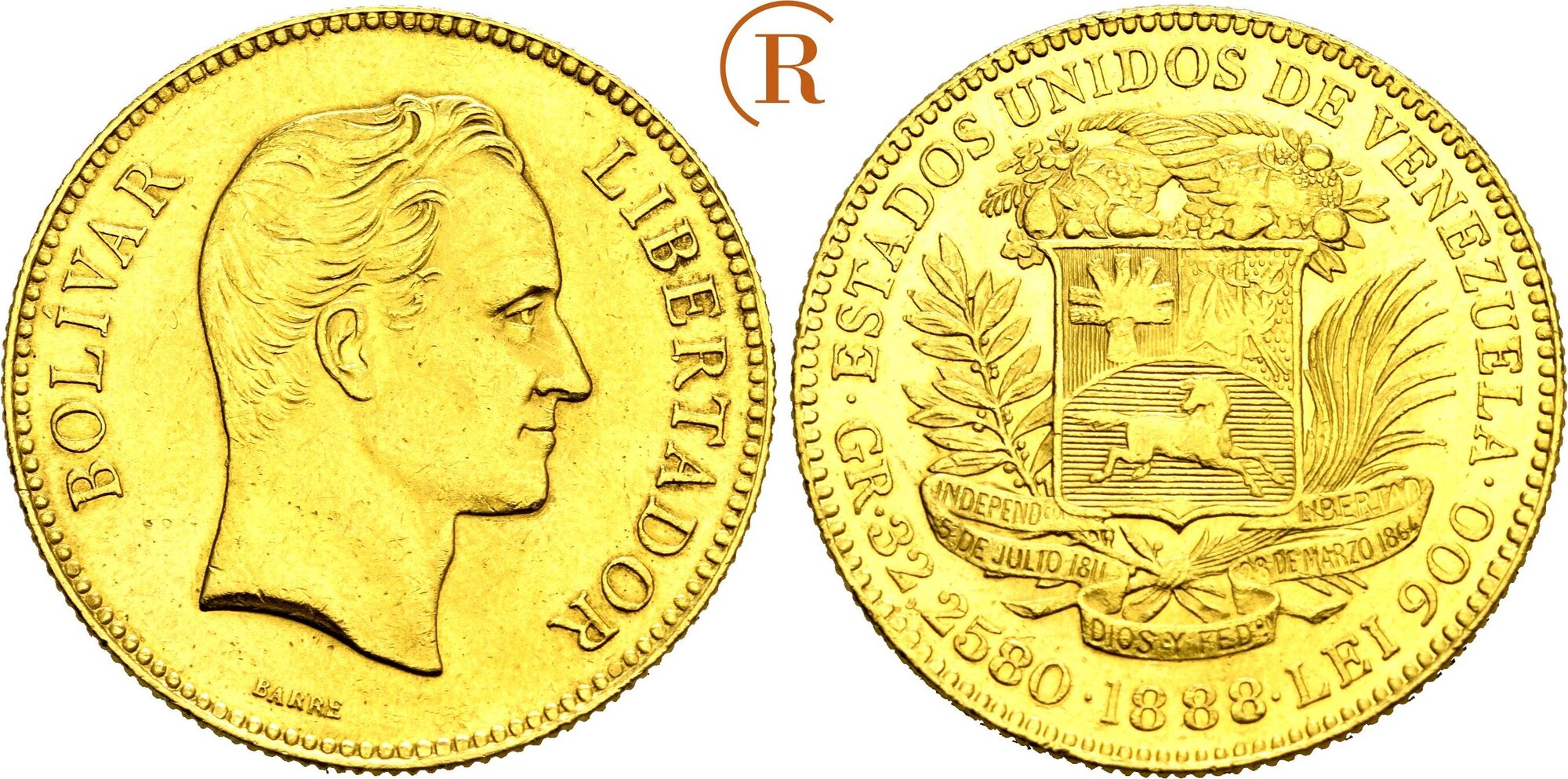 VENEZUELA Republik seit 1821 100 Bolivares 1888, Caracas Gold ...