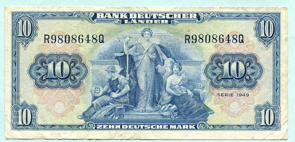 Bank Deutscher Länder 1949 10 Mark Schein Bundesrepublik Deutschland, 10 Mark 1949 Bank Deutscher Länder, III