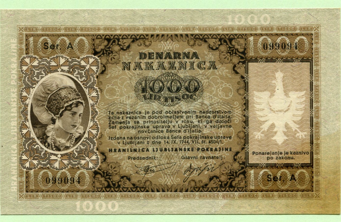 Deutsches Reich, 1000 Lire 1944 Laibach, unz | MA-Shops