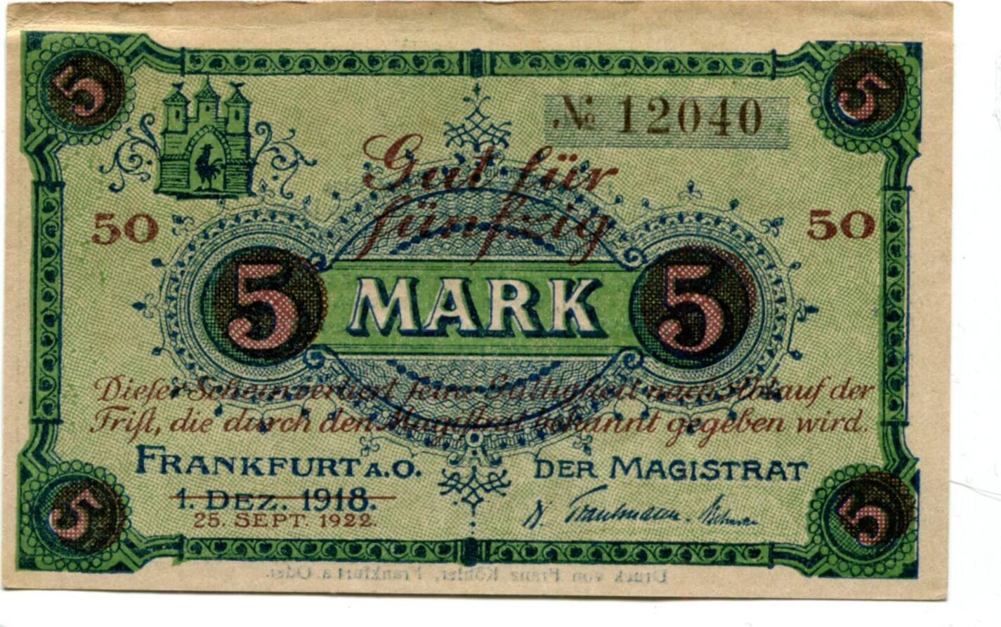 Brandenburg 5 Mk. 1.12.19181.2.1919 Frankfurt a.O., gebraucht