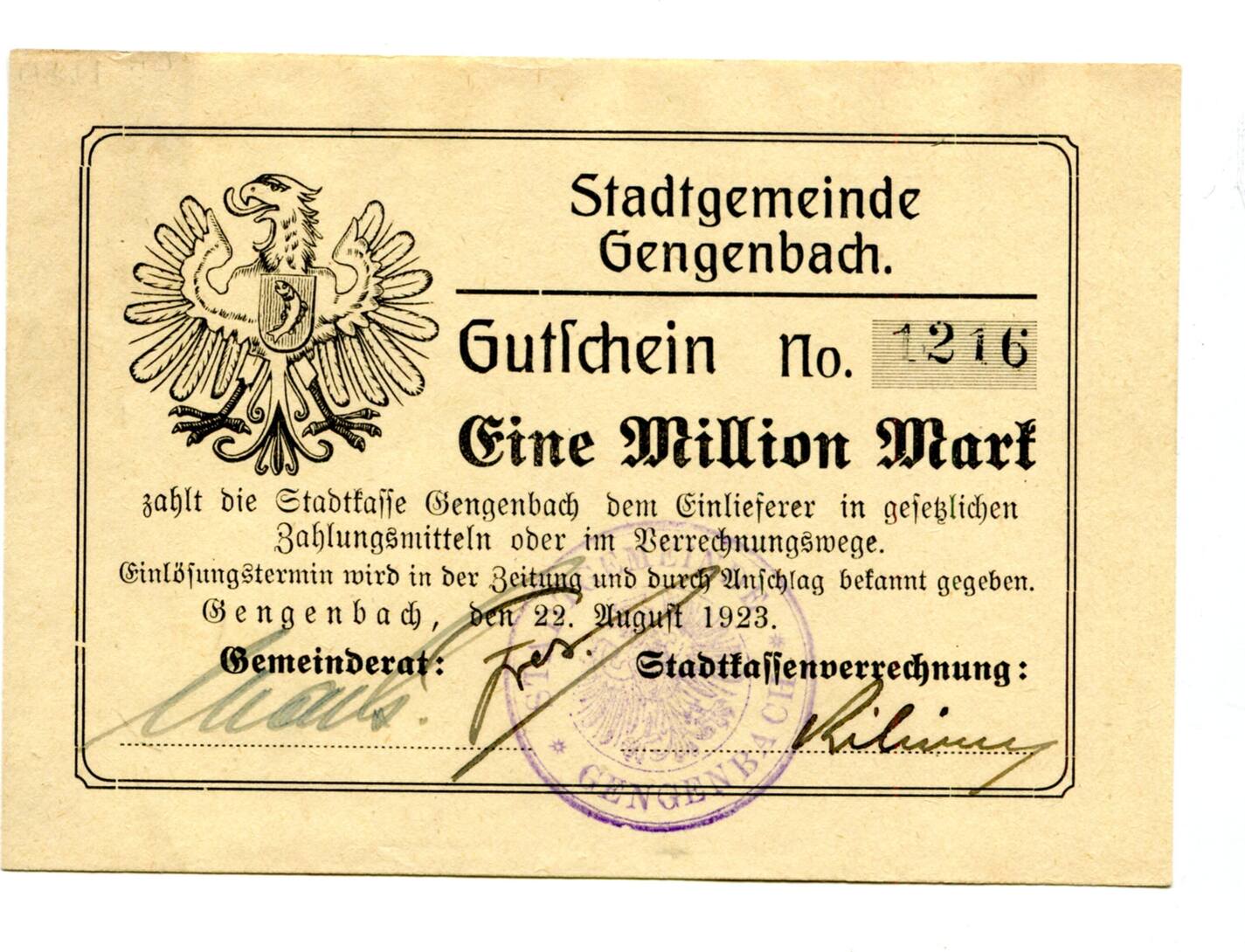 Baden 1 Mio. Mk. 22.8.1923 Gengenbach, I-/II | MA-Shops