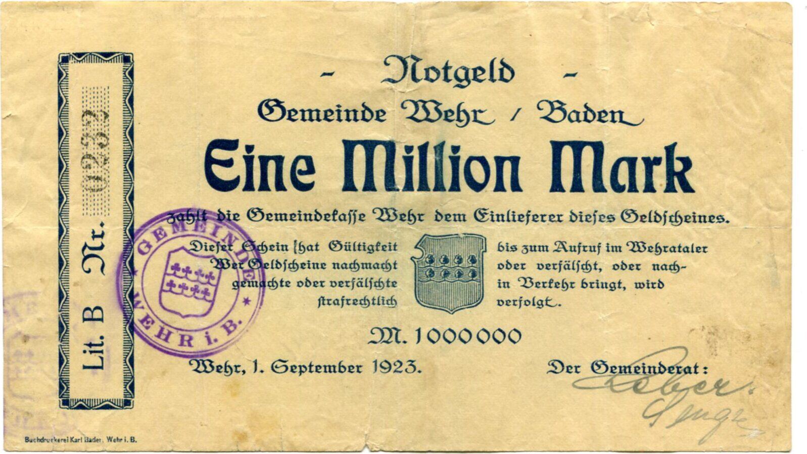 Baden 1 Mio. Mk. 1.9.1923 Wehr, III | MA-Shops