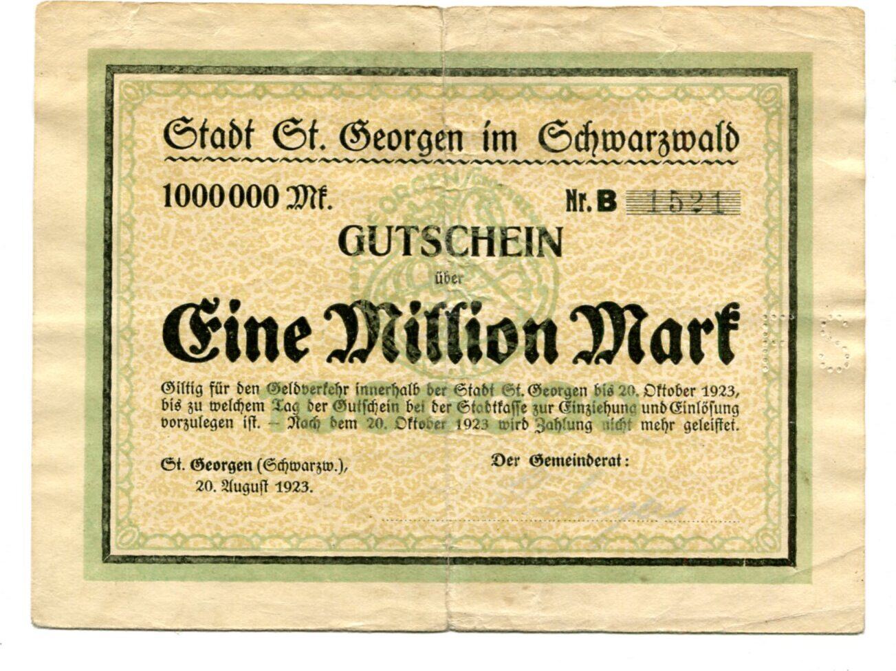 Baden 1 Mio. Mk. 20.8.1923 St.Georgen, III | MA-Shops